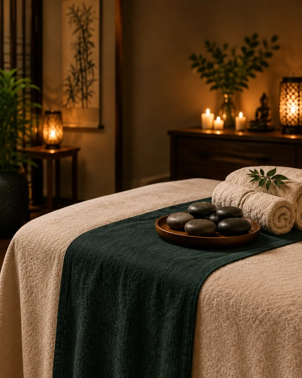 Smooth basalt stones and folded towels in a candlelit treatment room
