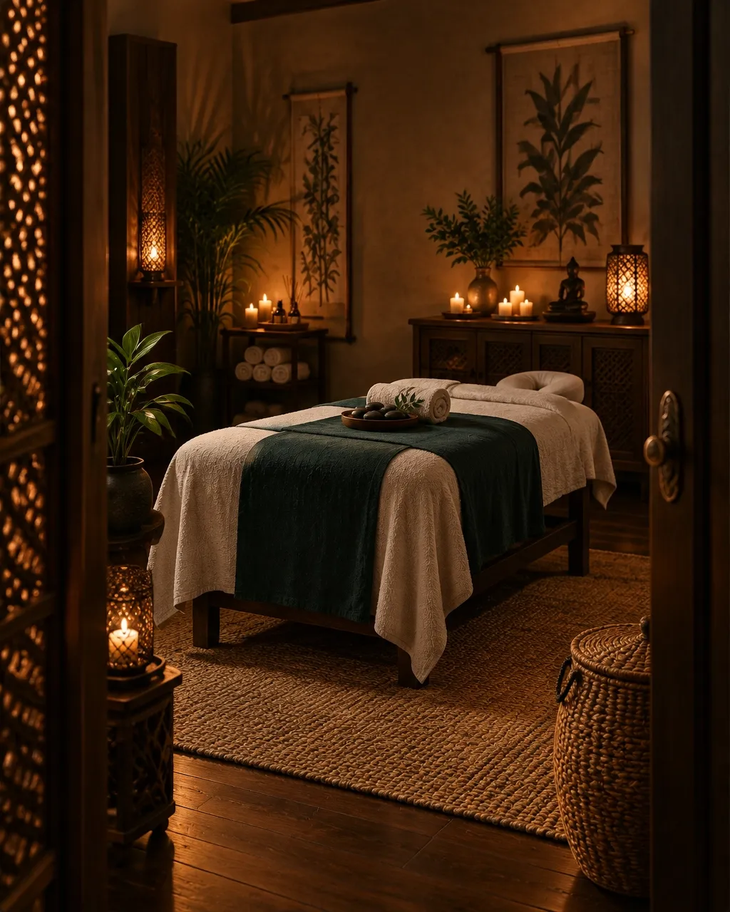 A warmly lit treatment room with a massage bed prepared for a restorative session